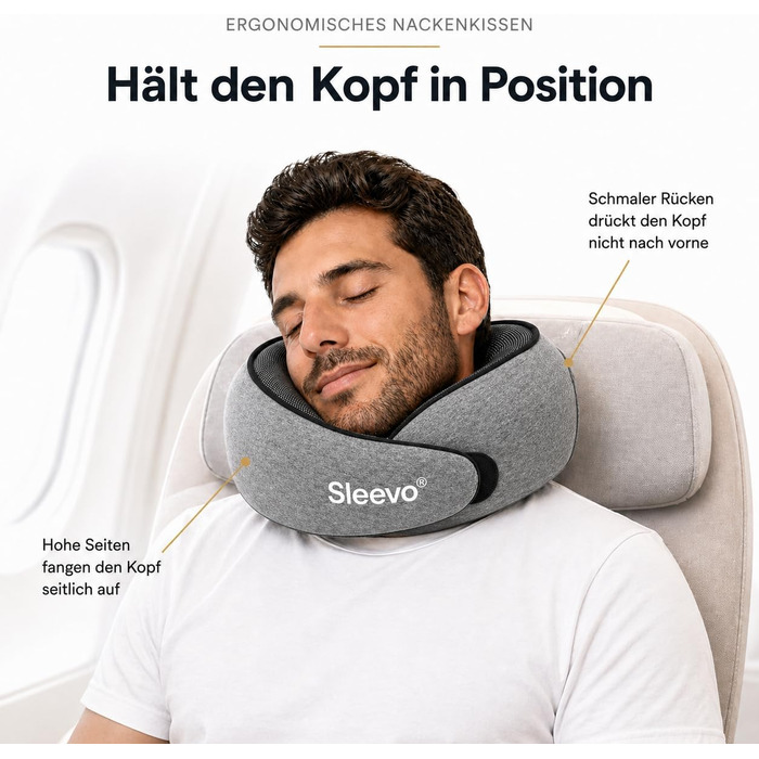 Ергономічна подушка для подорожей з ефектом пам'яті (Memory Foam) та капюшоном-маскою для сну, сіра (розмір M) — для літака, поїзда та авто