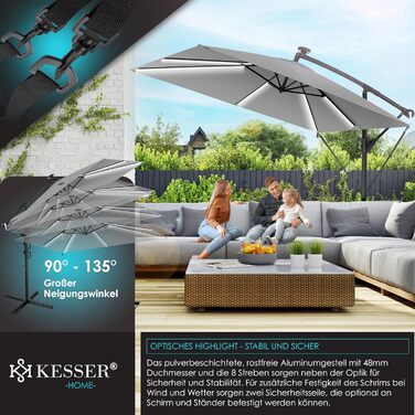 Сонячна прямокутна парасоля KESSER Holly з LED-підсвічуванням, алюмінієвий каркас, водовідштовхувальна, UV-захист, 350 см, з чохлом і фіксатором, світло-сіра для саду