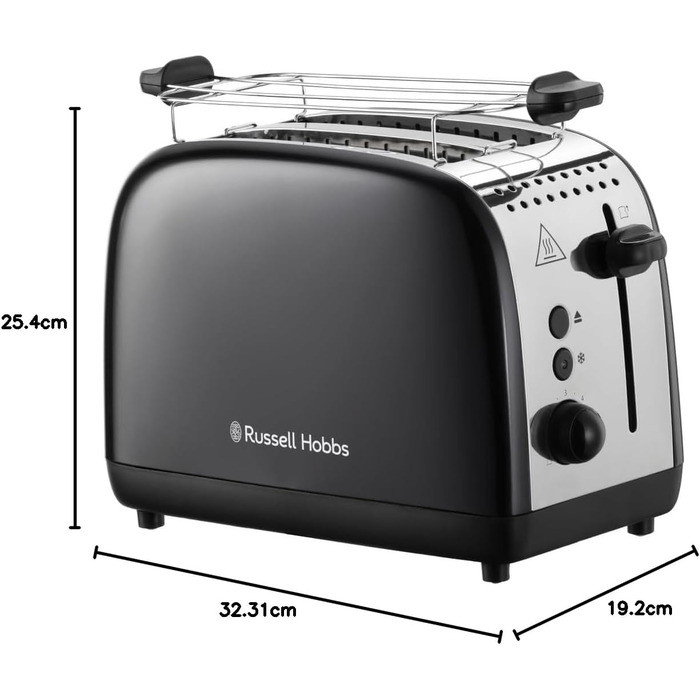 Тостер Russell Hobbs Colours Plus Edelstahl на 2 тости, чорний - з підставкою для булочок, 6 режимів підсмажування, розморожування, функція Lift & Look, 1600 Вт