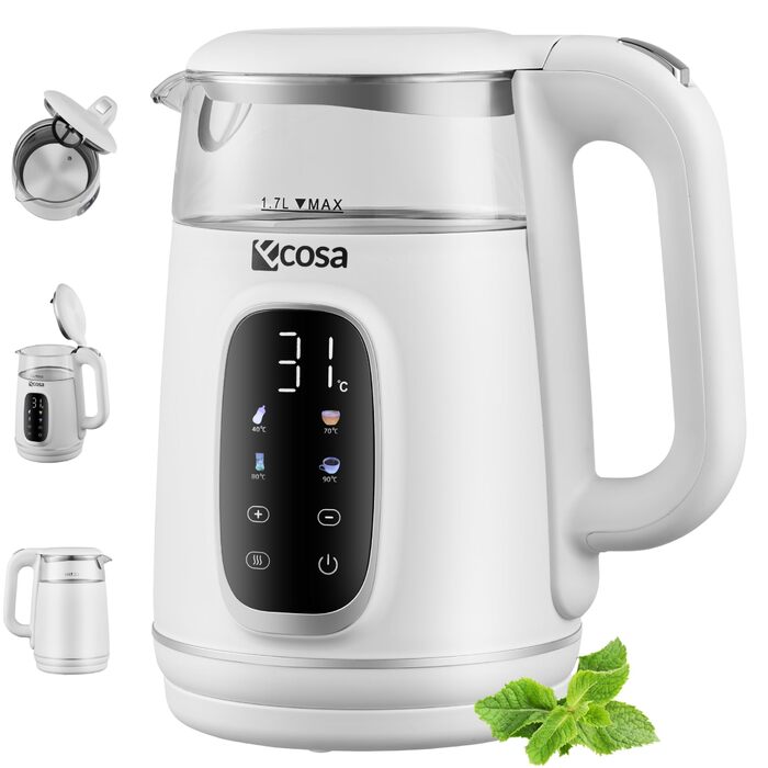 Електрочайник Ecosa® зі скляною колбою та регулюванням температури, 1.7 л, 2200 Вт, не містить BPA, з підігрівом та LED-підсвічуванням (Woldo White)