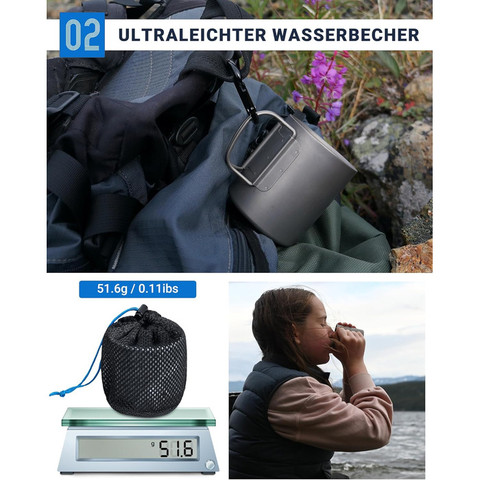 Титанова чашка для кемпінгу COOK'N'ESCAPE Titan Becher 300 мл з кришкою та складною ручкою - легка, міцна, жаростійка для туризму, пікніка