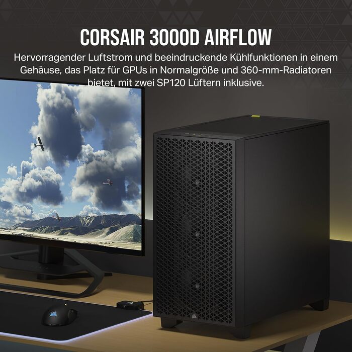 Корпус для ПК CORSAIR 3000D Airflow, Mid-Tower, підтримка 4-слотових GPU, 3-контактний вентилятор, до 8×120мм вентиляторів, високий повітряний потік, чорний