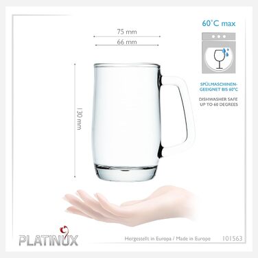 Набір скляних кухлів для пива PLATINUX з ручкою, 6 штук по 500 мл (макс. 580 мл), пивний кухоль, пивний бокал, 0,5 л
