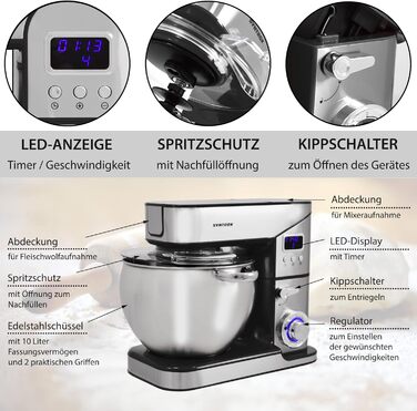 Кухонна машина Syntrox KM-2000W Lyon, міксер, м’ясорубка, 10 л, чорна/червона, Німеччина
