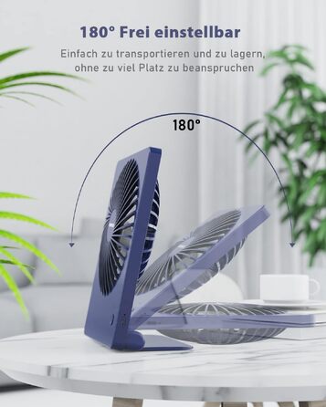 Вентилятор настільний TriPole з акумулятором USB, 2000mAh, 3 швидкості, низький рівень шуму (30дБ), кут нахилу 80°, для офісу, подорожей, темно-синій
