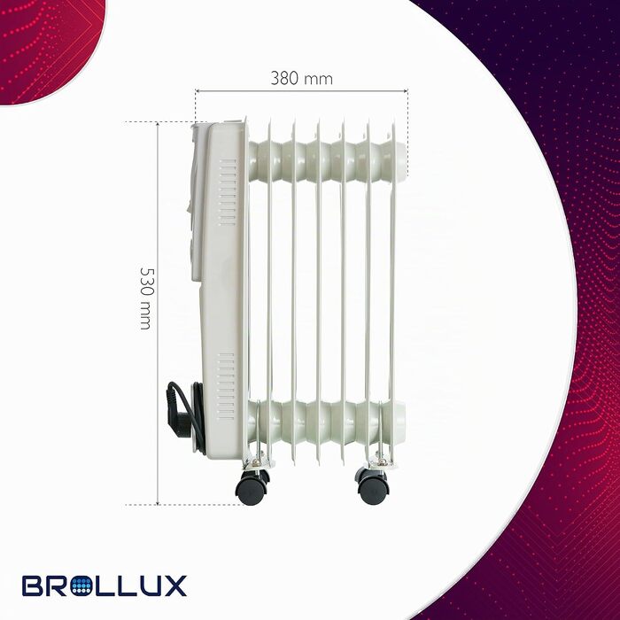 Електричний масляний радіатор BROLLUX 1500W, мобільний обігрівач з 7 секціями та термостатом