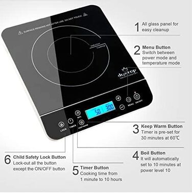 Плита індукційна Duxtop 2100W з сенсорним керуванням, LCD-дисплеєм, таймером 10 годин та 20 рівнями потужності/температури
