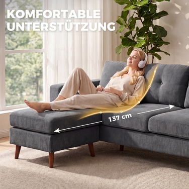 Кутовий диван Ecksofa 192 см, 3-місний, з реверсивним шезлонгом, вельвет, темно-сірий