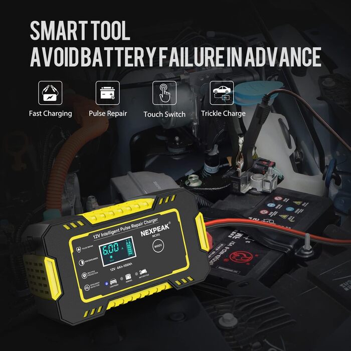 Зарядний пристрій для акумулятора 12V 6A - Smart автоматичний заряд для авто, вантажівки, мотоцикла, газонокосарки, човна, морських акумуляторів з температурною компенсацією