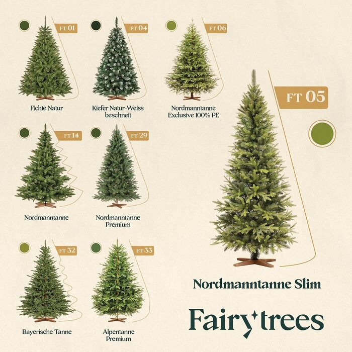 Штучна ялинка FAIRYTREES Nordmanntanne Slim Premium з білим снігом та шишками, PVC, 220 см, з дерев'яною підставкою