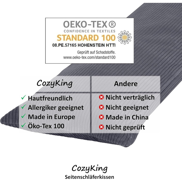 Подушка для сну на боку 200x40 см Cord / Кремовий - з сертифікатом Öko-Tex, прання при 40°C, ідеальна як подушка для вагітних, годування або для тривалого сну (Сірий, 200x40 см)