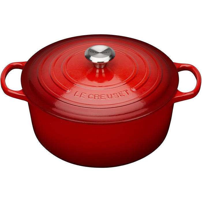 Le Creuset круглий чавунний жаровий посуд Signature 20 см, вишневий + силіконова прихватка кругла чорна