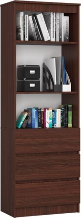 Книжкова шафа AKORD CLP 60 см, 3 ящики, 3 полиці, ламінована плита 16 мм, венге, мінімалізм, для вітальні та спальні