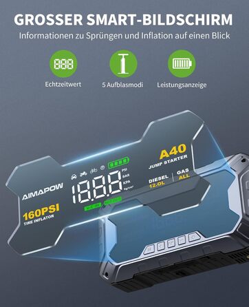 Powerbank для автомобіля AIMAPOW Starthilfe 8000A з компресором та LED-ліхтарем, 27000mAh, 160PSI, для бензинових та дизельних двигунів (до 12.0L)