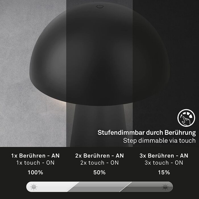BRILONER LED настільна лампа бездротова з сенсорним керуванням, диміруванням, тепле біле світло, нічник, лампа для читання, акумуляторна, для кемпінгу та вулиці, 28x16 см, чорна