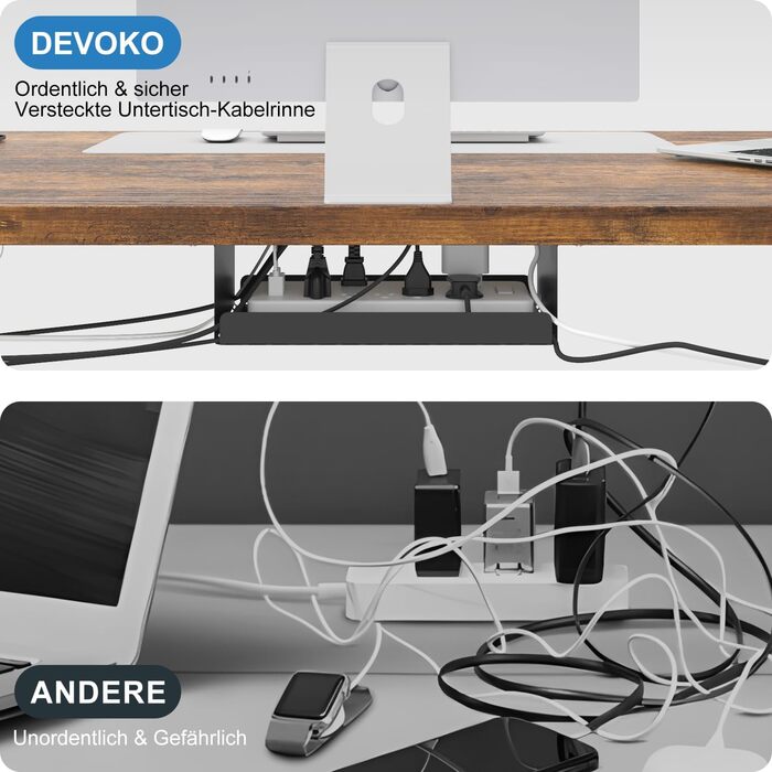 Електричний стіл Devoko з регулюванням висоти, USB-A зарядка, цільна стільниця, кабель-менеджмент, мобільний комп'ютерний стіл 120x60 см, вінтажно-коричневий + чорний — ергономічний стіл для офісу