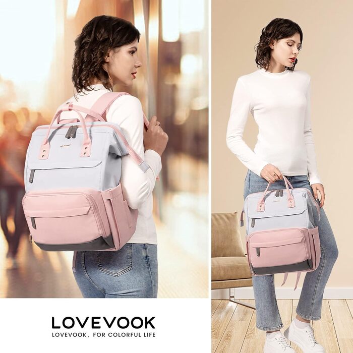 LOVEVOOK Рюкзак для жінок з відділенням для ноутбука 17.3 дюймів. Шкільний рюкзак для дівчат, підлітків, студентів. Водостійкий рюкзак для школи, подорожей, університету, бізнесу. Колір: сірий, рожевий, сірий. Матеріал: шкіра.