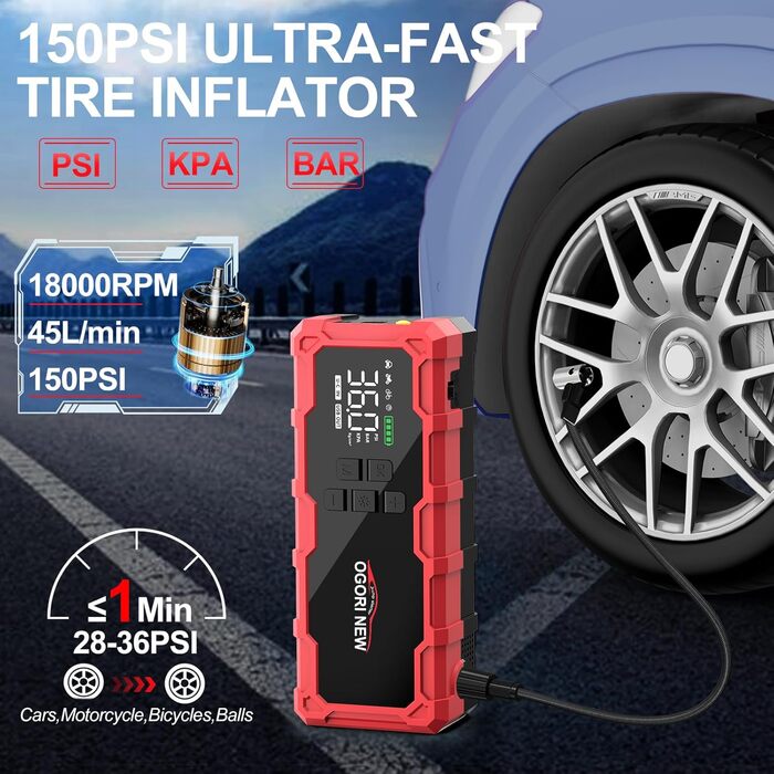 Powerbank для автомобіля Starthilfe з компресором та LED-ліхтариком, 6000A, 12V, для 8L бензину/10L дизеля
