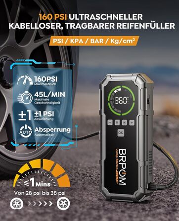 Powerbank Starthilfe BRPOM для автомобіля з компресором 160PSI, 8000A, 26800mAh, для бензинових та дизельних двигунів (12.0L), стартер, LED-ліхтар 600LUM, сріблясто-сірий