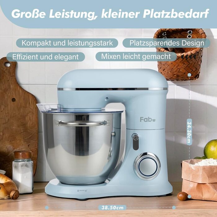 Кухонна машина Kitchen in the box Fab-Serie, потужний планетарний міксер 1300 Вт, 10 швидкостей, з набором насадок (гак, вінчик, міксер) для щоденного використання