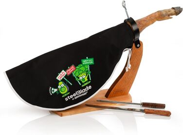 Підставка для хамона Steelblade Gondel з кришкою Kukuxumusu, ножем і мусатом, дерев'яна зелена
