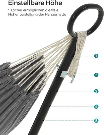 Гамак SONGMICS 210x150 см, металева стійка, регульована висота, до 240 кг, для саду, чорна рама і сіра тканина