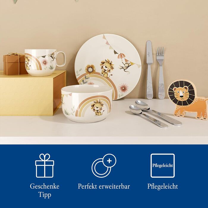 Набір дитячого посуду Villeroy & Boch Boho Kids 'Roar like a lion' 7 предметів, преміум-посуд з нержавіючої сталі, безпечний для миття в посудомийній машині та розігріву в мікрохвильовці, дитячий посуд з мотивом лева та мавпи, з високоякісного порцеляни