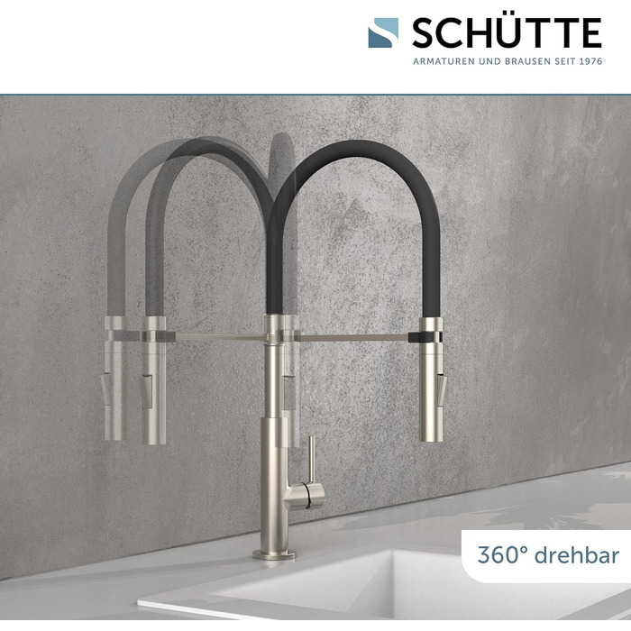 Змішувач кухонний Schütte 23138 Design з висувним шлангом Soft Touch, поворотний на 360°, нержавіюча сталь/чорний