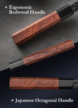 Професійний японський ніж Kiritsuke HEZHEN 21,5 см, кухонний ніж із тришарової дамаської сталі з восьмигранною ручкою з червоного дерева та дерев'яним чохлом