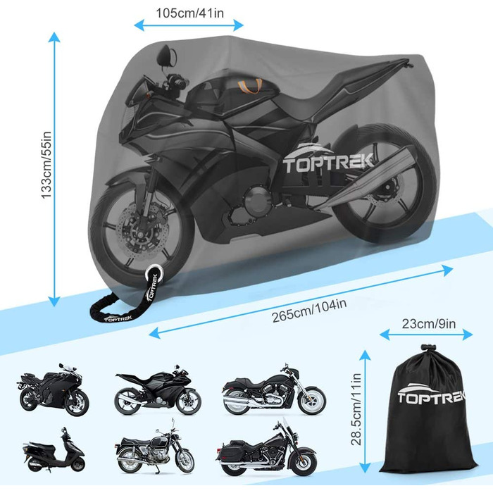 Водонепроникний чохол для мотоцикла XXL Toptrek, зимовий, з отвором для замка, для Harley-Davidson, Honda, Suzuki, Kawasaki, 245x105x125 см