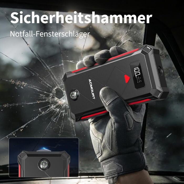 Бустер-пусковий пристрій Acmount P110 7000A Jump Starter для авто, SUV, мотоциклів та газонокосарок (бензин до 12л, дизель до 10л) з LED-ліхтарем, компасом та аварійним молотком, червоний