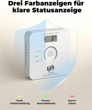 Детектор чадного газу LIORQUE з LCD-дисплеєм, батарея та сенсор на 10 років, гучний сигнал 85 дБ, сертифікація EN 50291, білий