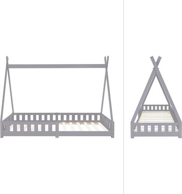 Дитяче ліжко Tipi ML-Design 90x200 см, світло-сіре, з бортиком і ламелями, з масиву сосни, індіанський будиночок для дівчаток і хлопчиків, ігрове ліжко-затишне намет-домік
