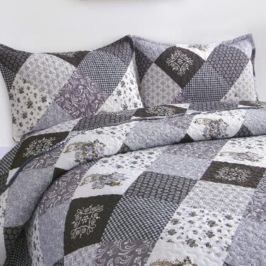 Покривало WONGS BEDDING 220x240 см, стьобане, мікрофібра, патчворк, з 2 наволочками 48x75 см, квітковий візерунок, чорний/сірий