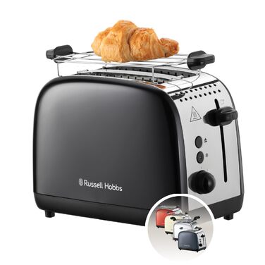 Тостер Russell Hobbs Colours Plus Edelstahl на 2 тости, чорний - з підставкою для булочок, 6 режимів підсмажування, розморожування, функція Lift & Look, 1600 Вт