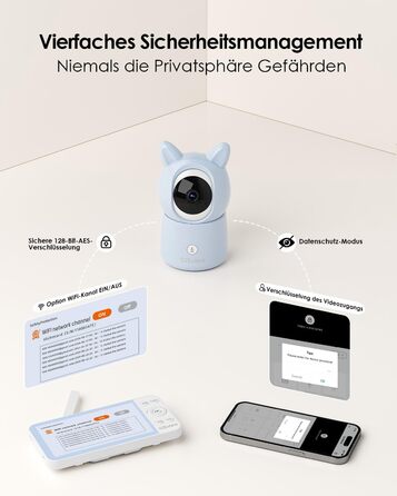 Відеоняня з камерою 2.5K та 5.5" HD екраном, нічний режим, Wi-Fi, додаток, музика, нічник, датчик руху (Синій, 2 камери)