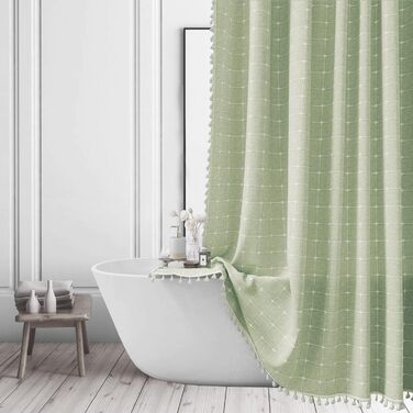 Завіса для душу Sage Green - Фармхаус Boho Modern з льону для ванної кімнати, Вінтажна Country, важка, з бахромою, Chic Bohemian, 48x72 см (1 шт.)