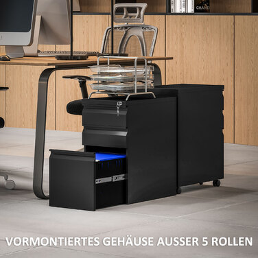 Металева шафа для документів, офісна шафа, 3 висувні ящики, на коліщатках, чорного кольору