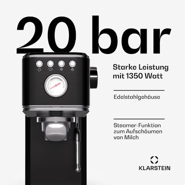 Кавоварка рожкова Klarstein SteelPresso Slim, 20 Бар, 1350 Вт, 1,2 л, парова насадка, нержавіюча сталь, компактна, легке очищення, чорна