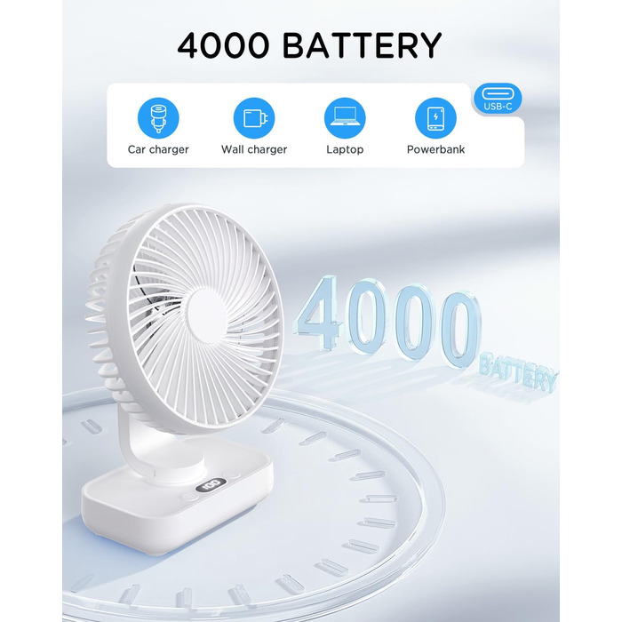 EasyAcc Настільний вентилятор USB з акумулятором, автоматичне обертання, 4 швидкості, портативний для дому, офісу, бібліотеки, кемпінгу - Чорний