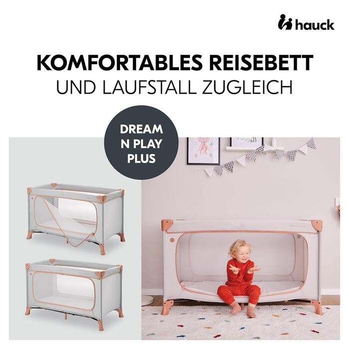 Дитяче дорожнє ліжечко Hauck Dream N Play Plus з сумкою для транспортування, великим боковим входом для ігор, компактне складання, для немовлят та дітей до 15 кг (Dusty Cork)