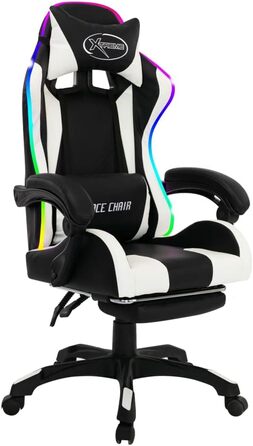 Ігрове крісло vidaXL з RGB LED-підсвіткою, підніжкою, регульованою висотою, для офісу, комп'ютера, спортивний дизайн, біло-чорне, екошкіра
