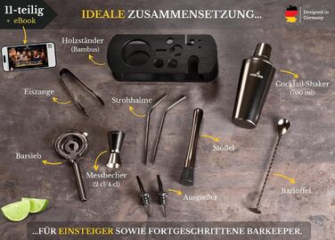 BARMINGO Набір для коктейлів з нержавіючої сталі, 11 предметів, 700 мл, шейкер, стійка, аксесуари для бару, чорний металік, подарунковий набір