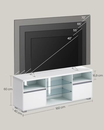 Тумба під телевізор VASAGLE Kailyn 160 см з LED підсвіткою, біла - для вітальні, з полицями та шафками