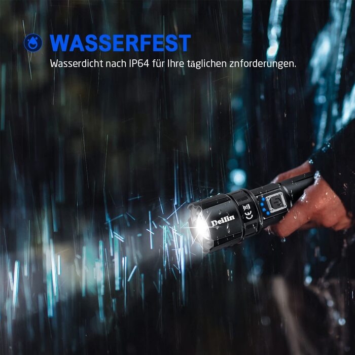 Deilin ліхтарик LED акумуляторний 10000 люменів, надяскравий, з функцією Zoom, 5 режимів, USB Type-C, батарея 5000 мА·год 26650, чохол, AAA-батарейки, подарунок