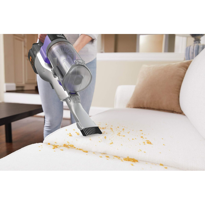 Акумуляторний пилосос BLACK+DECKER 4в1 для дому та тварин, 36В, 2.0А·год, без мішка, з електрощіткою для шерсті, 2в1 щілинна насадка, настінне кріплення, сріблясто-фіолетовий