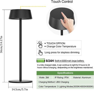 LED акумуляторна настільна лампа Klighten, димована, металева, бездротова, сенсорне керування, IP54, водонепроникна, портативна, для дому та вулиці, 3000K-6000K, USB-C, чорна, 2 шт.