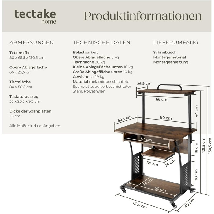 Письмовий стіл tectake Industrial 80x65.5x130.5 см з полицями, висувною полицею для клавіатури, темно-коричневий - Офісний стіл, Комп'ютерний стіл, Принтерний стіл