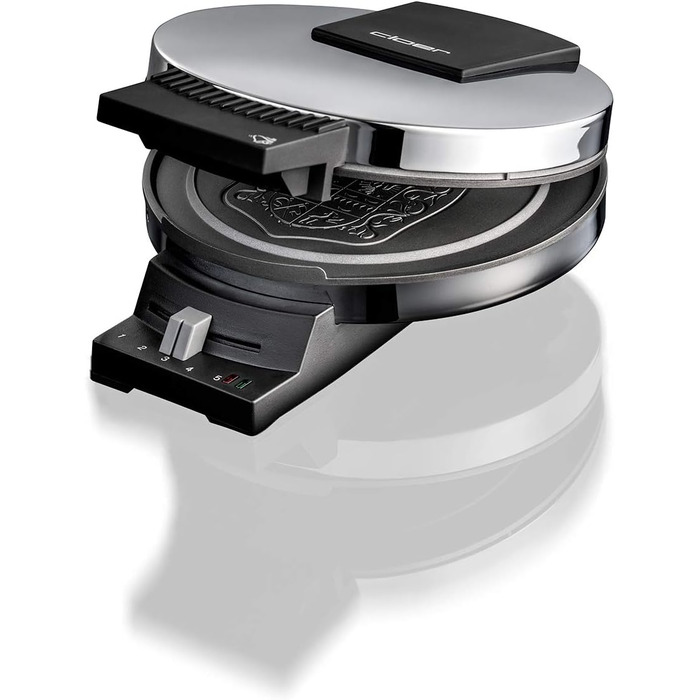 Електрична вафельниця Cloer 285EF з гербом Остфрізланду, для тонких хрустких вафель, 800 Вт, антипригарна хромована поверхня 15 см, регулювання ступеня підсмажування