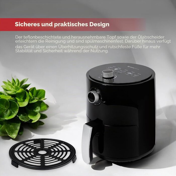 Аерофритюрниця SwissHome PETIT 2.5Л, 1200Вт, без олії, таймер 30 хв, регулювання температури 80-200°C, знімний кошик